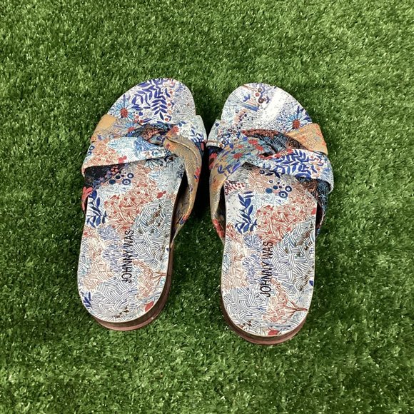 Johnny Was Sandals Leather Sunny Garden Twist Slip On Floral Blue - Picture 5 of 13
